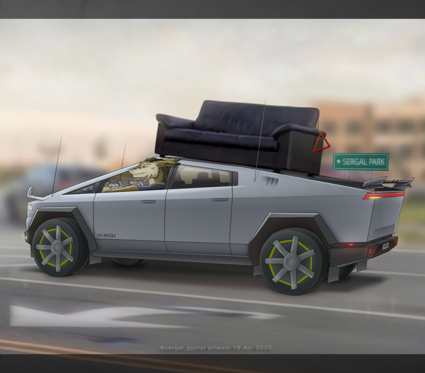 2020 absurd_res anthro artwork_(digital) black_hair brown_body brown_fur car colorado cybertruck digital_media_(artwork) fur furniture hair hi_res interior male meme mirror official_art redesign road sergal sergal_gustaf7 serguz sofa solo spoiler tesla_(brand) vehicle