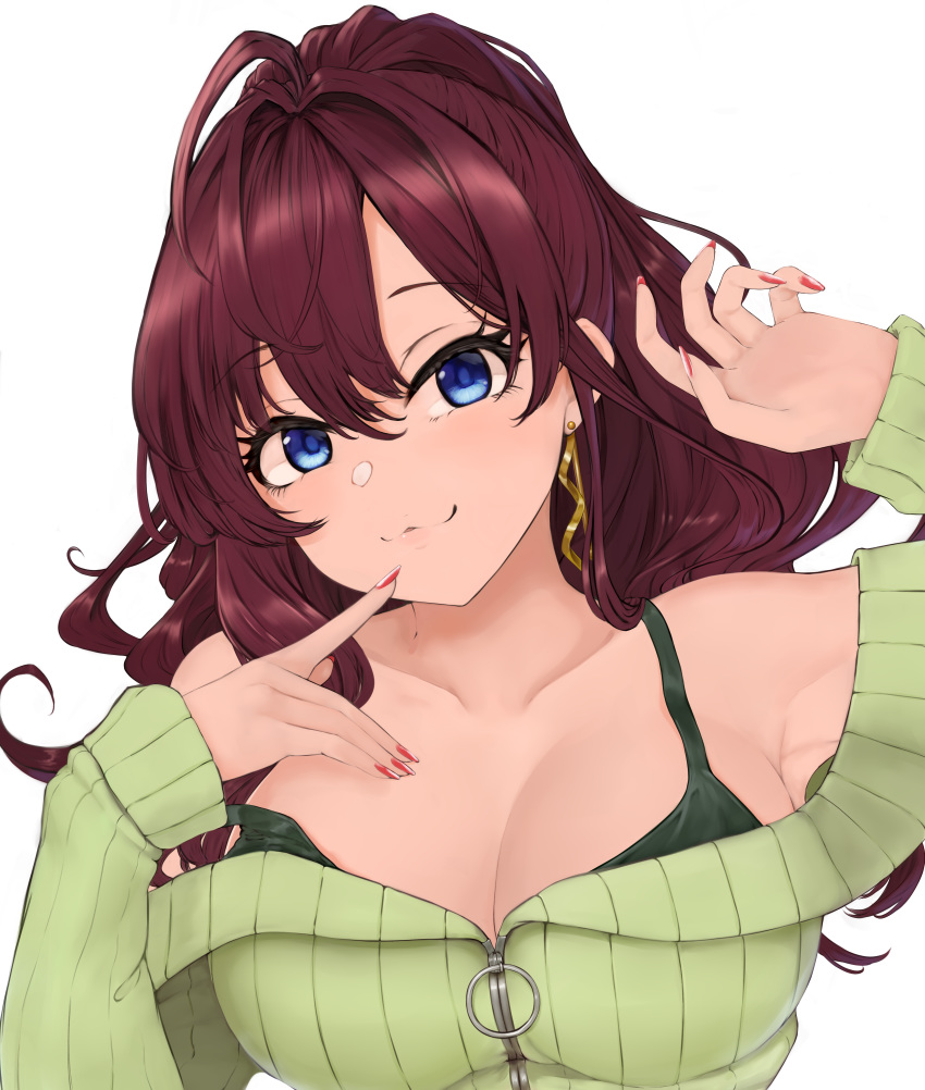 1girl :3 absurdres ahoge bangs blue_eyes blush breasts brown_hair cleavage closed_mouth collarbone earrings green_sweater green_tank_top highres ichinose_shiki idolmaster idolmaster_cinderella_girls jewelry lamp_p9 large_breasts lips long_hair long_sleeves looking_at_viewer off-shoulder_sweater off_shoulder red_nails ribbed_sweater smile solo strap_slip sweater tank_top wavy_hair zipper