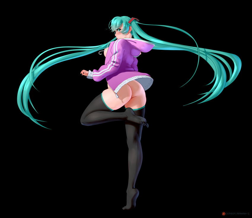 1girl absurdres aqua_eyes aqua_hair arteslav ass black_background black_legwear blush bottomless breasts commentary english_commentary full_body hatsune_miku highres hood hood_down hoodie kneepits legs long_hair long_legs looking_back medium_breasts nipples no_bra open_clothes open_hoodie purple_hoodie solo standing thighhighs tiptoes toes twintails very_long_hair vocaloid
