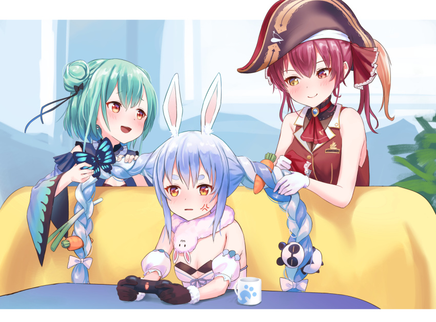 3girls :d anger_vein animal_ears bare_arms bare_shoulders black_gloves black_headwear blue_hair braid bunny_ears bunny_girl butterfly_hair_ornament carrot_hair_ornament coat controller cup detached_sleeves double_bun food_themed_hair_ornament fur_collar game_controller gloves gold_trim green_hair hair_ornament hat heterochromia holding holding_another's_hair hololive houshou_marine long_hair looking_at_another mug multiple_girls open_mouth orange_eyes pirate_hat playing_games playing_with_another's_hair playstation_controller red_eyes red_hair red_shirt roke_(taikodon) shirt short_hair sleeveless sleeveless_shirt smile spring_onion strapless stuffed_animal stuffed_panda stuffed_toy twin_braids twintails uruha_rushia usada_pekora very_long_hair white_coat white_gloves wing_collar yellow_eyes