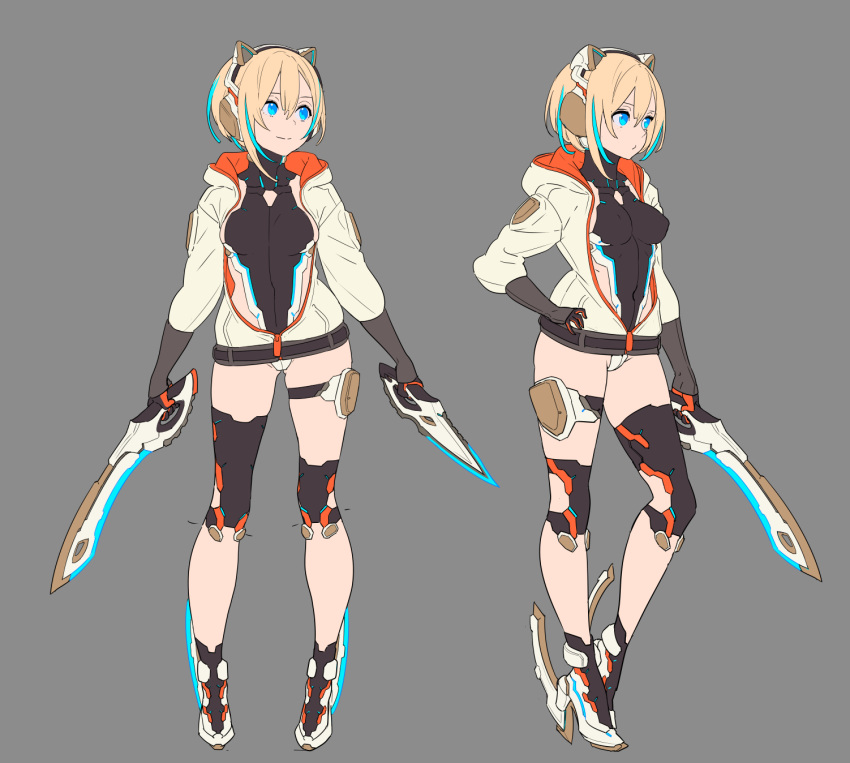 1girl animal_ears blonde_hair blue_eyes commentary_request dual_wielding fake_animal_ears full_body highres holding hood hoodie knife kukri leotard nagisa_kurousagi no_pants original science_fiction short_hair simple_background