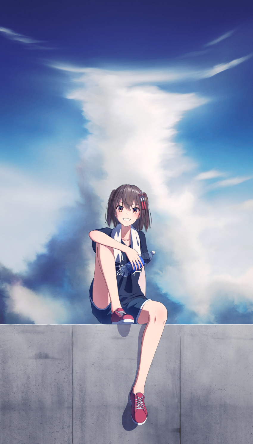 1girl absurdres alternate_costume bangs black_shirt blush bottle brown_hair cloud day eyebrows_visible_through_hair grin hair_ornament highres holding huge_filesize kantai_collection outdoors rankebu red_footwear sendai_(kantai_collection) shirt shoes short_sleeves shorts sitting sky smile sneakers solo towel towel_around_neck two_side_up water_bottle work_in_progress