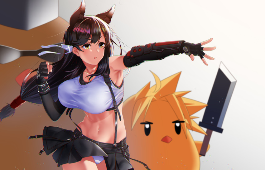1girl :o animal_ears armpits atago_(azur_lane) azur_lane bangs bare_shoulders belt bird black_belt black_hair black_skirt black_sports_bra blush breasts buster_sword chick cleavage clenched_hand collarbone commentary_request cosplay cowboy_shot elbow_gloves extra_ears eyebrows_visible_through_hair final_fantasy final_fantasy_vii final_fantasy_vii_remake fingerless_gloves gauntlets gloves gradient gradient_background groin hair_ribbon hand_up holding holding_sword holding_weapon kagiyama_(gen'ei_no_hasha) large_breasts long_hair looking_to_the_side low-tied_long_hair manjuu_(azur_lane) midriff miniskirt mole mole_under_eye navel outstretched_arm panties pantyshot pleated_skirt ribbon shirt sidelocks simple_background skirt skirt_lift solo_focus spiked_hair standing sunglasses suspender_skirt suspenders swept_bangs sword tank_top taut_clothes taut_shirt tifa_lockhart tifa_lockhart_(cosplay) toned underwear weapon white_background white_panties white_ribbon white_tank_top wind wind_lift yellow_eyes
