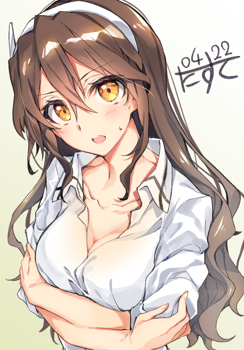 1girl absurdres artist_name ashigara_(kantai_collection) blush breast_hold breasts brown_eyes brown_hair cleavage collarbone crossed_arms dated gradient gradient_background hair_between_eyes hairband highres horned_headwear kantai_collection large_breasts long_hair narumiya_(empty_cafe) open_mouth shirt signature solo upper_body white_hairband white_shirt