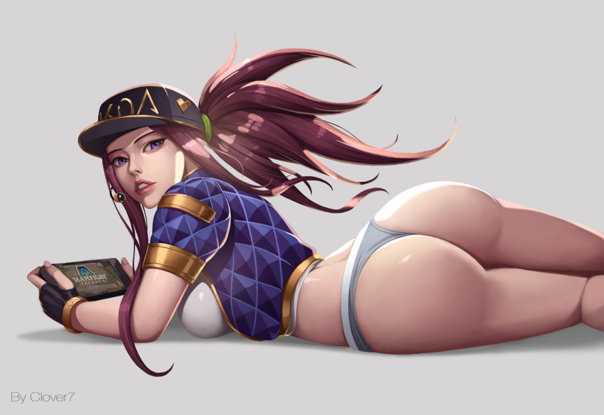 1girl ass back baseball_cap black_gloves blue_jacket breasts clover7 fingerless_gloves gloves handheld_game_console hat headset highres jacket k/da_(league_of_legends) k/da_akali large_breasts league_of_legends lips long_hair looking_back midriff no_pants nose panties puffer_jacket purple_eyes purple_hair short_sleeves solo tablet_pc thong underwear white_panties