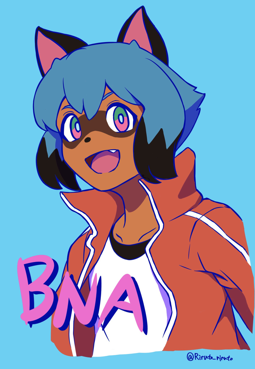 2020 absurd_res anthro black_hair blue_background blue_body blue_eyes blue_fur blue_hair brand_new_animal brown_body brown_fur canid canine clothed clothing cute_fangs female fur hair hi_res jacket mammal michiru_kagemori multicolored_eyes open_mouth pink_eyes raccoon_dog rirato_rirato short_hair simple_background solo studio_trigger tanuki topwear