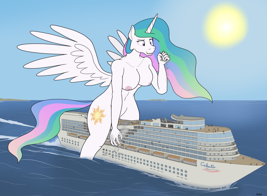 2020 absurd_res anthro breasts cruise_ship cutie_mark equid equine female friendship_is_magic hi_res horn macro mammal merchant_ship micro my_little_pony passenger_ship princess_celestia_(mlp) rapidstrike sea ship size_difference solo vehicle water watercraft winged_unicorn wings