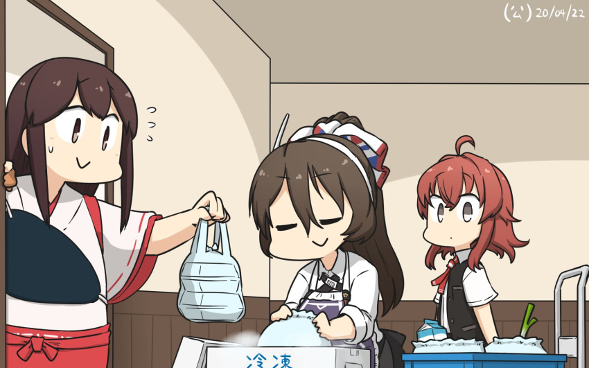 3girls ahoge akagi_(kantai_collection) apron arashi_(kantai_collection) ashigara_(kantai_collection) bangs blouse bow brown_eyes brown_hair closed_eyes collared_shirt commentary_request dated flying_sweatdrops food gloves hair_bow hairband hakama hakama_skirt hamu_koutarou highres indoors japanese_clothes kantai_collection leaning_forward long_hair long_sleeves looking_at_another messy_hair multicolored_bow multiple_girls muneate onion plump ponytail purple_apron red_hair red_skirt shirt short_sleeves signature skirt sleeves_rolled_up smile standing straight_hair vest wavy_hair white_gloves white_hairband white_shirt wide_sleeves yellow_eyes