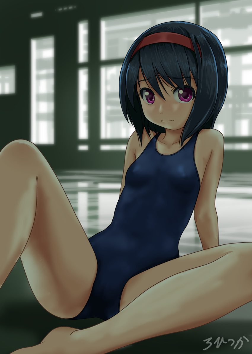1girl bangs bare_arms bare_legs bare_shoulders barefoot black_hair blue_swimsuit blurry blurry_background breasts closed_mouth collarbone commentary_request day depth_of_field eyebrows_visible_through_hair hair_between_eyes hairband highres indoors long_hair looking_at_viewer one-piece_swimsuit original purple_eyes red_hairband reflection rohitsuka school_swimsuit signature small_breasts solo swimsuit window
