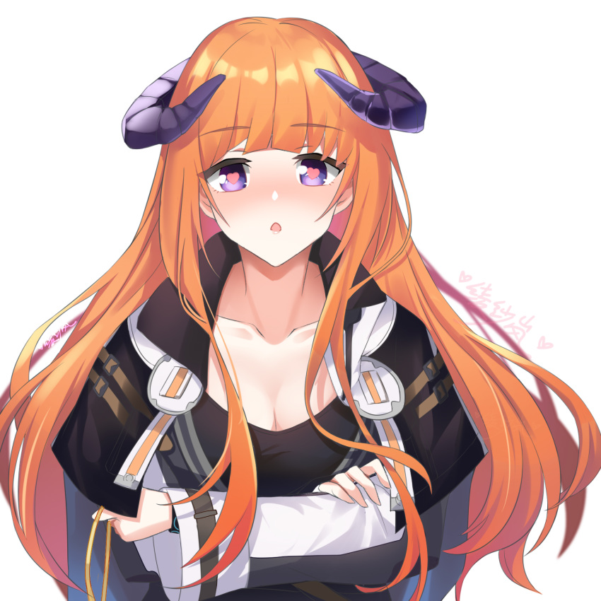 &lt;3 &lt;3_eyes 1:1 2020 animal_humanoid arknights bagpipe_(arknights) breasts cleavage clothed clothing crossed_arms dragon dragon_humanoid female hair hi_res horn humanoid lanelise orange_hair purple_eyes simple_background solo white_background