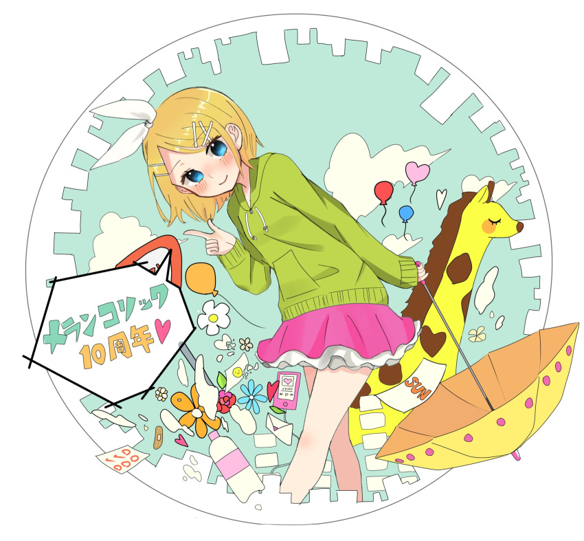 1girl anniversary azukagamine1 balloon bangs blonde_hair blue_eyes bottle bow calendar_(object) cityscape drawstring envelope feet_out_of_frame flower giraffe green_hoodie hair_bow hair_ornament hairclip heart heart_balloon highres holding holding_umbrella index_finger_raised kagamine_rin leaning_forward looking_at_viewer melancholic_(vocaloid) melancholy_(module) miniskirt pink_skirt short_hair sign skirt sky smile solo stop_sign swept_bangs umbrella vocaloid white_bow yellow_umbrella