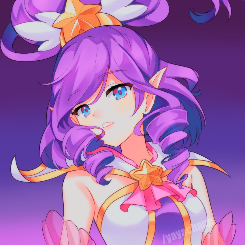 1girl absurdres bare_shoulders blue_eyes breasts drill_hair floating_hair gradient gradient_background hair_ornament highres janna_windforce league_of_legends long_hair looking_at_viewer magical_girl medium_breasts parted_lips pointy_ears purple_background purple_hair purple_theme solo star star_guardian_(league_of_legends) star_guardian_janna tiara upper_body yaya_chan