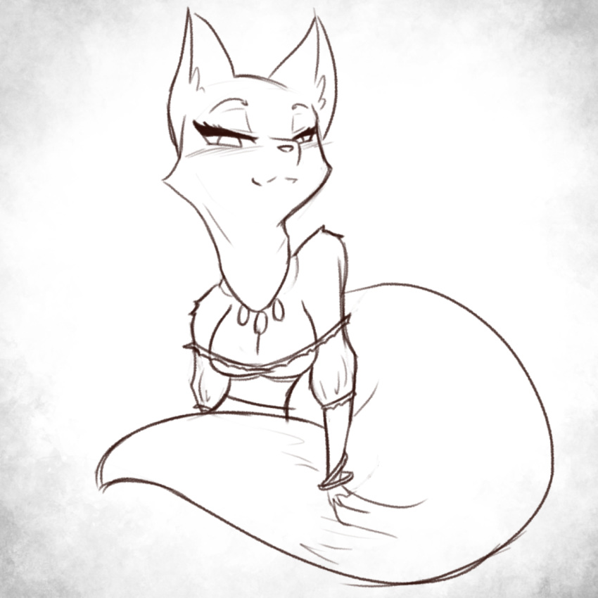 1:1 anthro armello blush braclets breasts canid canine cleavage clothed clothing dress female fox hi_res ihara jewelry looking_at_viewer mammal monochrome narrowed_eyes necklace portrait scarlet_(armello) seductive simple_background solo tail_grab video_games white_background