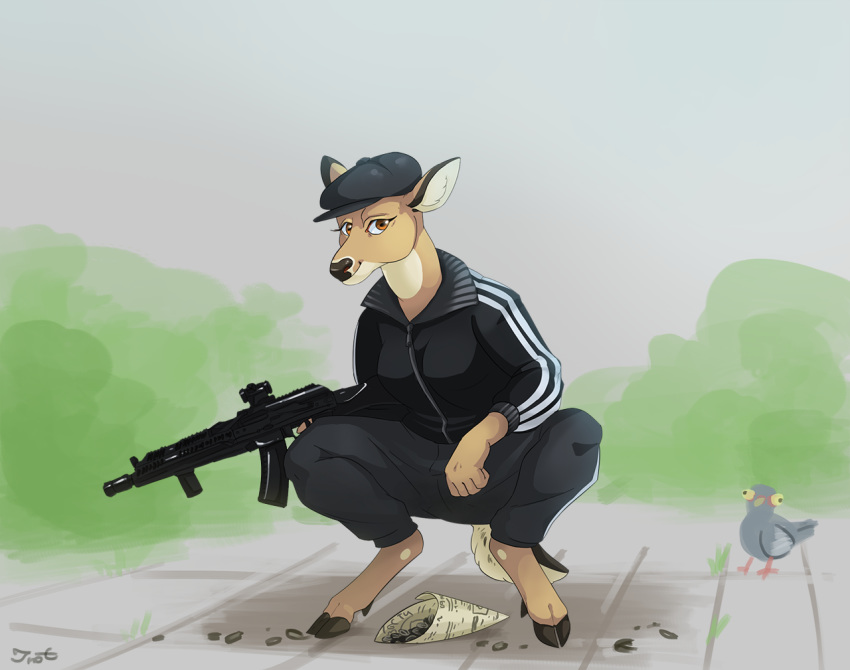 ak105 anthro brown_body capreoline cervid cervine clothing crouching detailed_background female gopnik gun hooves inot kalashnikov looking_at_viewer mammal ranged_weapon rifle slav_squat tracksuit unnamed_character weapon white-tailed_deer