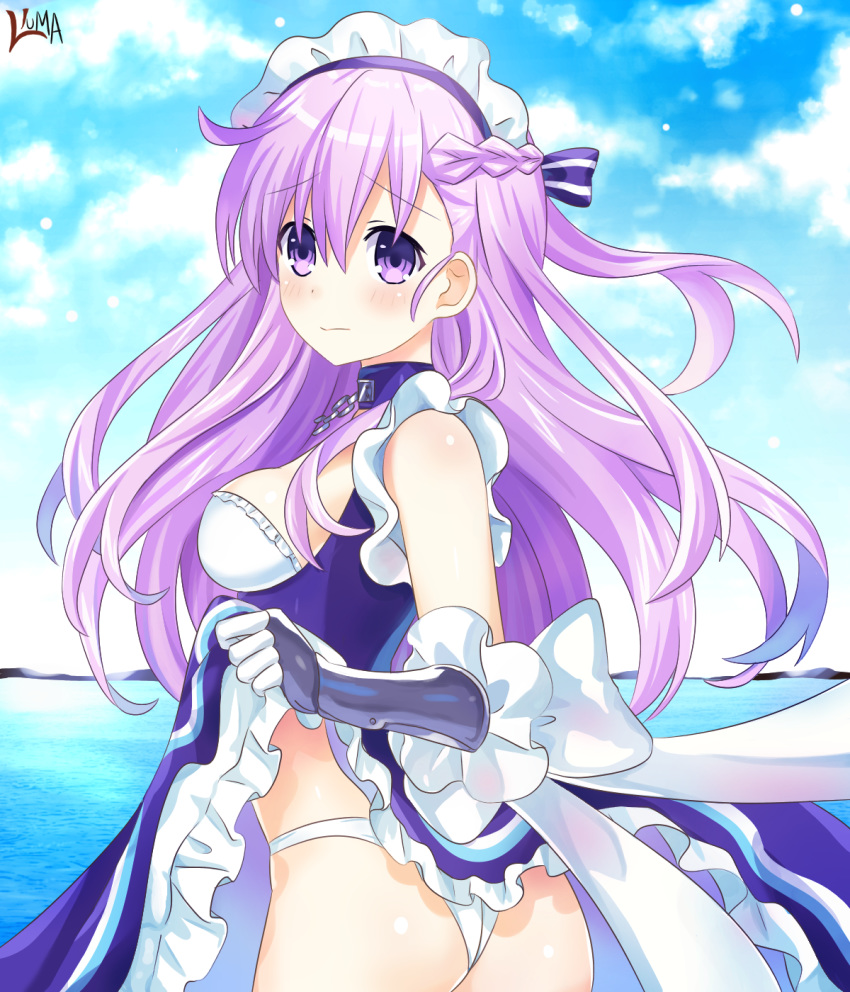 1girl alternate_costume apron ass azur_lane belfast_(azur_lane) belfast_(azur_lane)_(cosplay) blush cosplay enmaided hair_ornament highres horie_yui lewdkuma long_hair looking_at_viewer maid maid_apron maid_headdress nepgear neptune_(series) panties purple_eyes purple_hair seiyuu_connection solo underwear white_panties