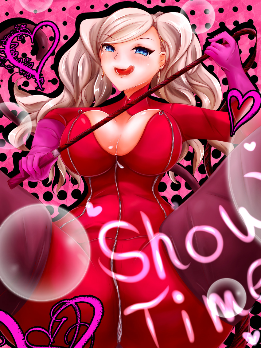 1girl absurdres bangs bdsm blonde_hair blue_eyes bodysuit boots breasts cleavage cleavage_cutout diamond_earrings dominatrix fake_tail full-length_zipper gloves hair_ornament heart highres holding_whip kikirinana large_breasts looking_at_viewer persona persona_5 pink_gloves pov red_bodysuit red_footwear sadism solo swept_bangs tail takamaki_anne thigh_boots thighhighs tongue tongue_out twintails whip zipper
