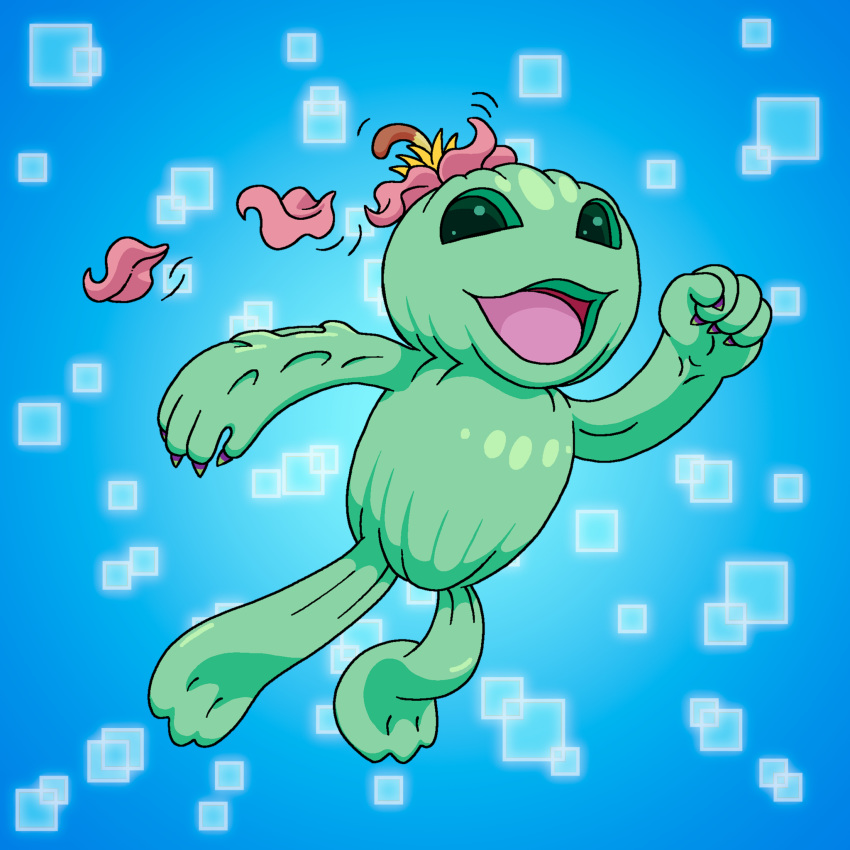 1:1 ambiguous_gender blue_background charlesdoodles claws digimon digimon_(species) elemental_creature evolution evolution_(transformation) flora_fauna flower flower_petals green_body green_eyes hi_res not_furry open_mouth palmon petals plant purple_claws simple_background solo togemon transformation