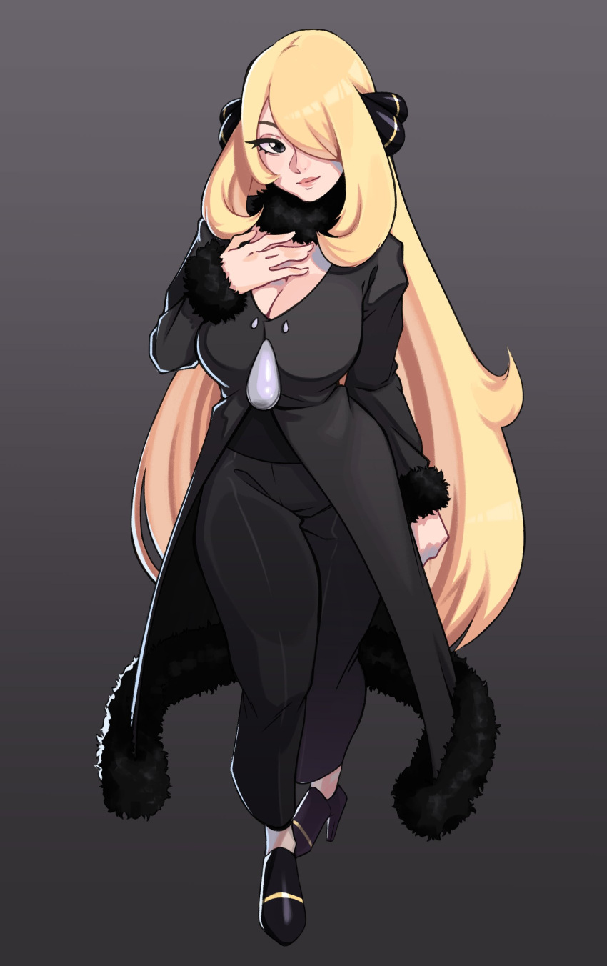 1girl absurdres black_coat blonde_hair breasts cleavage coat cynthia_(pokemon) fur-trimmed_coat fur_collar fur_trim grey_eyes hair_ornament hair_over_one_eye hand_on_own_chest highres jacket large_breasts long_hair looking_at_viewer pokemon pokemon_(game) pokemon_dppt quelconque8 smile solo very_long_hair