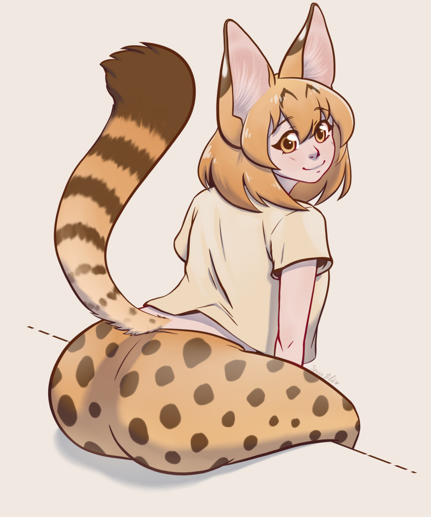 absurd_res animal_humanoid big_butt big_ears butt clothing felid felid_humanoid feline feline_humanoid female hair hi_res humanoid kemono_friends looking_at_viewer mammal mammal_humanoid orange_eyes orange_hair pajamas raised_tail serval serval-chan serval_humanoid shirt simple_background sitting smile solo t-shirt theblueneon topwear