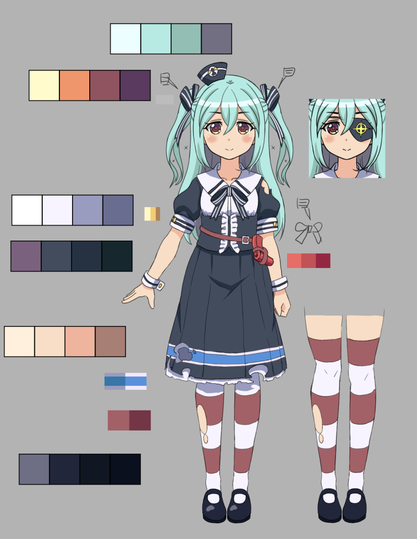 1girl allgreen artist_name bad_id bad_pixiv_id blue_hair blush brown_eyes commentary_request dress eyepatch flare_gun grey_background hair_ribbon hat highres korean_commentary last_origin light_blue_hair lrl_(last_origin) mary_janes print_eyepatch reference_sheet ribbon sailor_dress sailor_hat shoes simple_background smile solo striped_clothes striped_thighhighs thighhighs torn_clothes torn_thighhighs two_side_up wrist_cuffs