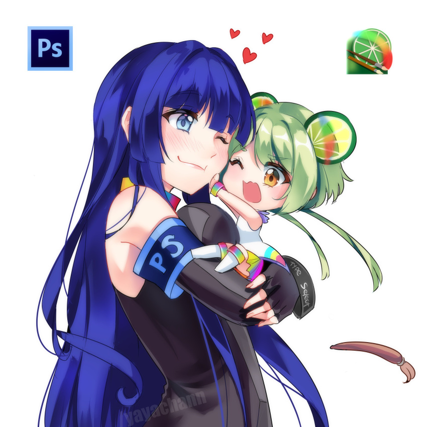 2girls absurdres adobe_photoshop bangs bare_shoulders black_gloves blue_eyes blue_hair blunt_bangs blush bracelet brush chibi dark_blue_hair double_bun dress elbow_gloves eyebrows_visible_through_hair fingerless_gloves gloves green_hair happy heart highres hug jewelry long_hair moe motherly multiple_girls one_eye_closed open_mouth orange_eyes original painttool_sai personification photoshop-tan pushing_away pushing_face short_hair simple_background size_difference smile upper_body white_background white_dress white_legwear yaya_chan