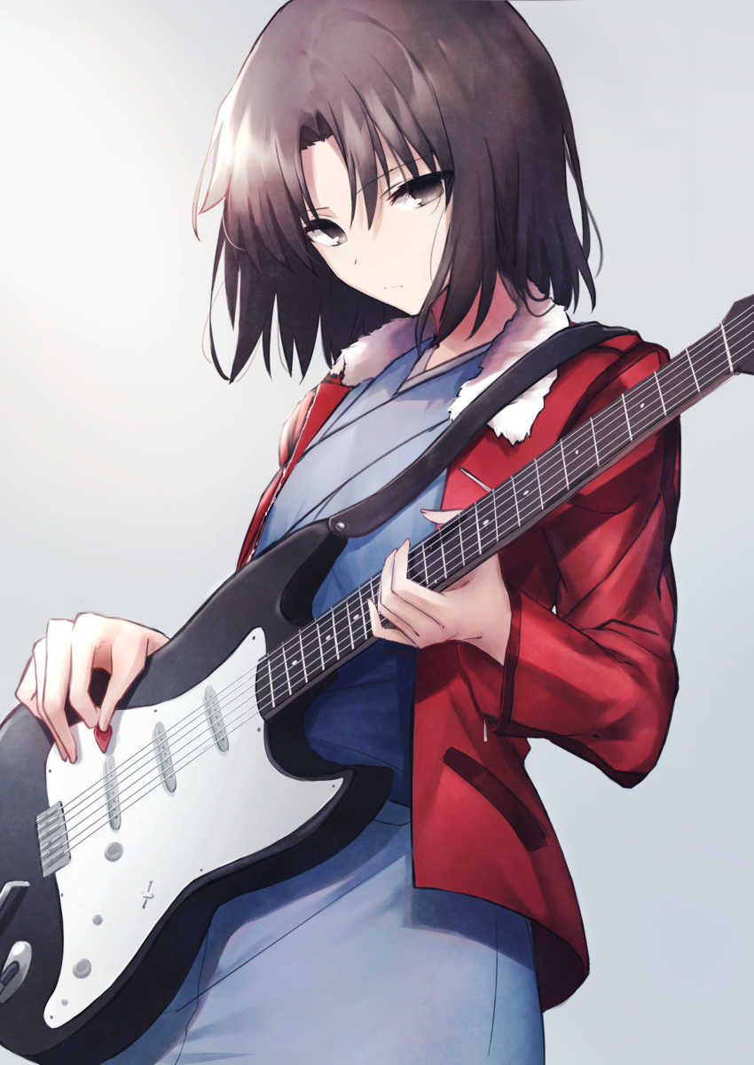 1girl absurdres black_eyes black_hair blue_kimono breasts commentary_request fur_collar fur_trim guitar guitar_tapping highres holding holding_instrument instrument jacket japanese_clothes kara_no_kyoukai kimono looking_at_viewer obi okakasushi plectrum red_jacket ryougi_shiki sash short_hair simple_background small_breasts solo