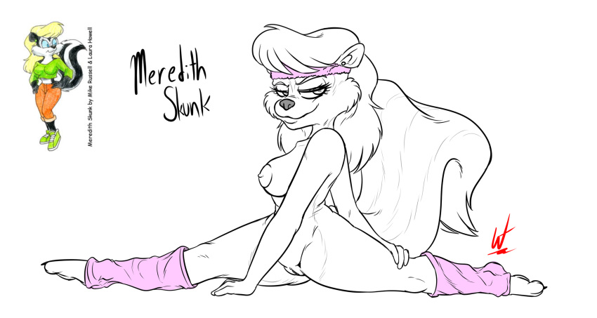 accessory anthro breasts clothing exercise exercise_clothing female genitals headband hi_res leg_warmers legwear mammal mephitid meredith_skunk nude pussy skunk solo splitting wastedtimeee