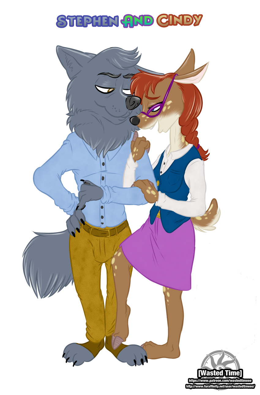 absurd_res anthro arm_hold belt bottomwear braided_hair canid canine canis capreoline cervid cindy_doeson clothed clothing disney dress_shirt duo eyewear fan_character female glasses hair hi_res interspecies male mammal pants raised_leg red_hair romantic_ambiance romantic_couple shirt skirt stephan_lupito text topwear url vest wastedtimeee white-tailed_deer wolf zootopia