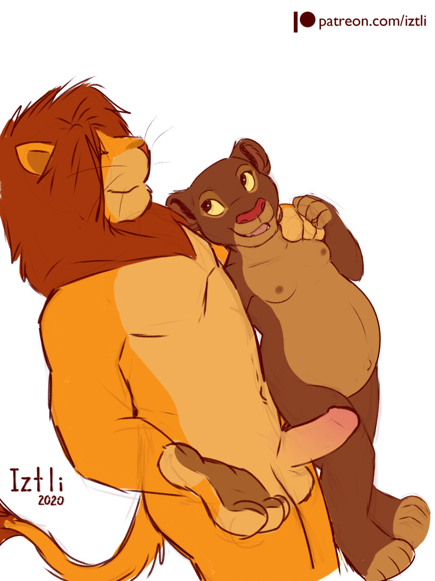 2020 3:4 4_fingers 4_toes anthro anthrofied balls breasts collarbone colored_sketch disney duo erection felid female fingers fur genitals hand_on_shoulder hi_res iztli lion looking_at_another looking_up male male/female mammal mane nipples nude open_mouth orange_body orange_fur orange_tail pantherine paws penis pregnant rani simba simple_background small_breasts smile standing teenager text the_lion_guard the_lion_king toes url white_background young