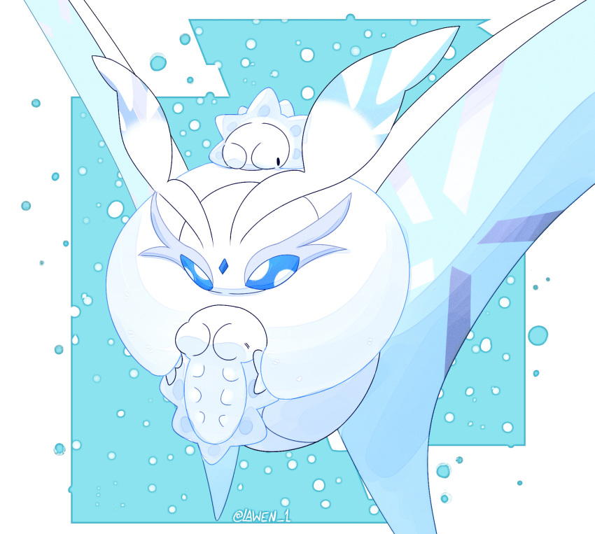 blue_eyes commentary creature english_commentary flying frosmoth gen_8_pokemon highres holding holding_pokemon lawen no_humans on_head pokemon pokemon_(creature) pokemon_on_head riding riding_pokemon signature snom white_theme