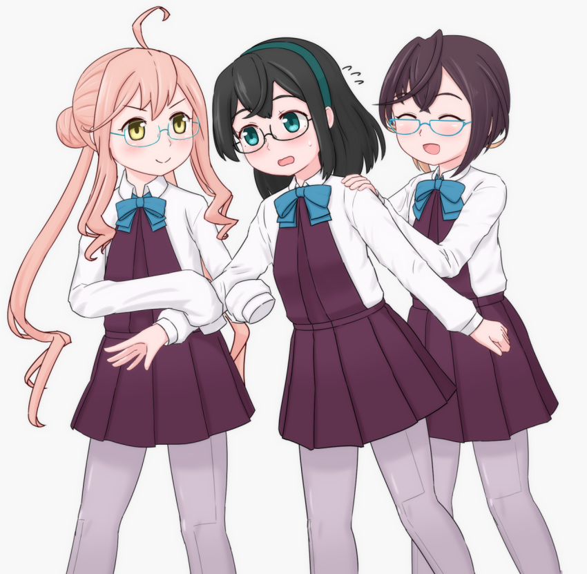 ahoge black_hair blue-framed_eyewear blue_neckwear brown_hair closed_eyes commentary_request double_bun dress_shirt feet_out_of_frame geometrie glasses green_eyes green_hairband grey_background grey_legwear hairband halterneck highres kantai_collection long_hair long_sleeves makigumo_(kantai_collection) matching_outfit medium_hair okinami_(kantai_collection) ooyodo_(kantai_collection) pink_hair school_uniform shirt short_hair simple_background sleeves_past_fingers sleeves_past_wrists smile twintails white_background white_shirt yellow_eyes younger