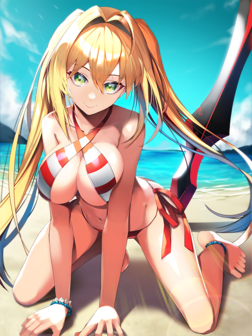 1girl absurdres aestus_estus ahoge all_fours bangs beach bead_anklet bead_bracelet beads bikini blonde_hair blue_sky bracelet breasts criss-cross_halter fate/grand_order fate_(series) feet green_eyes hair_intakes halterneck highres jewelry kneeling large_breasts long_hair looking_at_viewer nero_claudius_(fate)_(all) nero_claudius_(swimsuit_caster)_(fate) nirai_kanai ocean red_bikini side-tie_bikini sky smile solo striped striped_bikini sunlight swimsuit sword twintails weapon