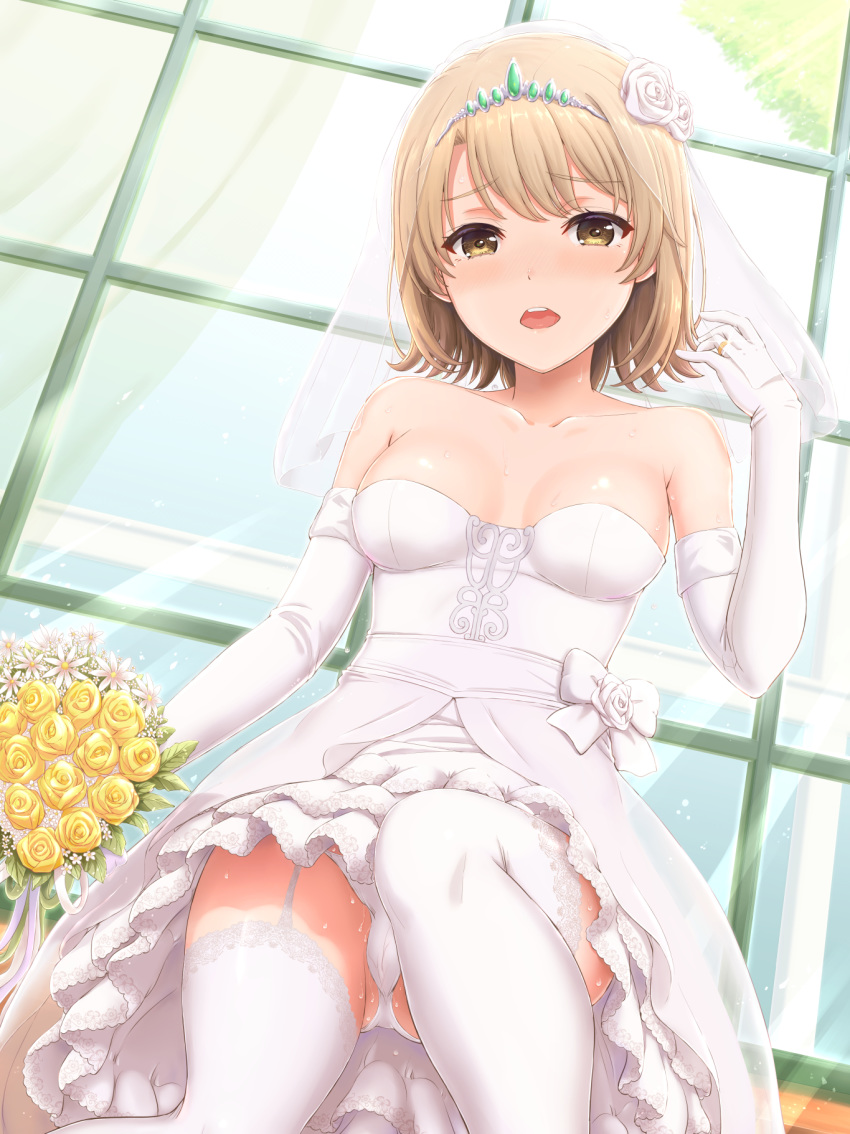 1girl bangs bouquet breasts bridal_veil brown_eyes cameltoe cleavage collarbone diadem dress elbow_gloves eyebrows_visible_through_hair flower garter_straps gloves hair_flower hair_ornament highres holding holding_bouquet inanaki_shiki isshiki_iroha jewelry layered_dress light_brown_hair looking_at_viewer open_mouth panties ring rose shiny shiny_hair short_dress short_hair sleeveless sleeveless_dress small_breasts solo strapless strapless_dress thighhighs underwear veil wedding_band wedding_dress white_dress white_flower white_gloves white_legwear white_panties white_rose yahari_ore_no_seishun_lovecome_wa_machigatteiru. yellow_flower yellow_rose