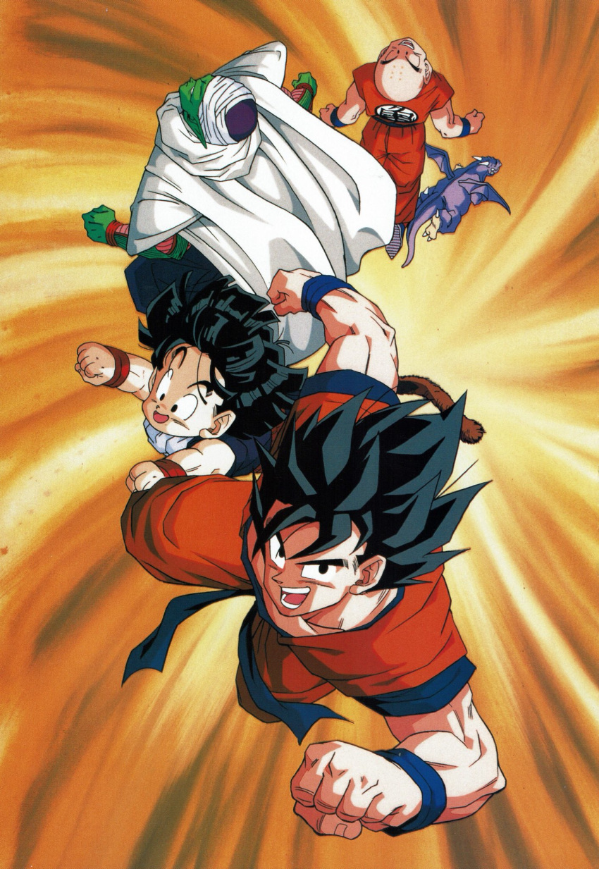 4boys :d animal artist_request bald black_eyes black_hair cape clenched_hands clothes_writing collarbone dougi dragon dragon_ball dragon_ball_z father_and_son fighting_stance fingernails flying from_above frown full_body gradient gradient_background grin highres icarus_(dragon_ball) kuririn looking_afar looking_at_viewer looking_up male_focus messy_hair monkey_tail multiple_boys muscle official_art open_mouth orange_background outstretched_arms piccolo pointy_ears serious shaded_face simple_background smile son_gohan son_gokuu spiked_hair spiral_background tail teeth turban upside-down white_background wristband yellow_background