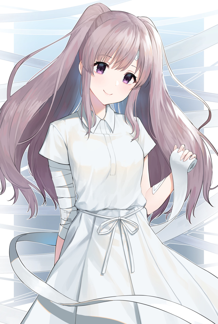 1girl absurdres arjent arm_behind_back bandaged_arm bandages closed_mouth collared_shirt floating_hair head_tilt highres holding idolmaster idolmaster_shiny_colors long_hair long_skirt looking_at_viewer pleated_skirt purple_eyes ribbon shiny shiny_hair shirt short_sleeves silver_hair skirt smile solo standing twintails very_long_hair white_ribbon white_shirt white_skirt wing_collar yuukoku_kiriko
