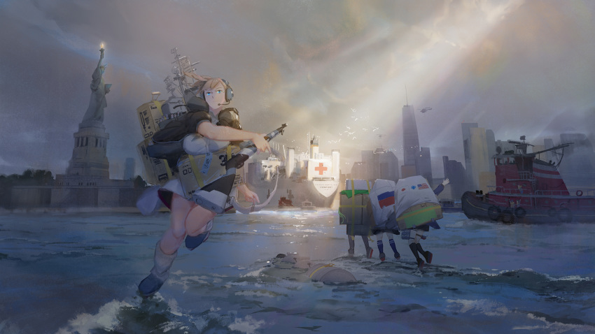 5girls aircraft american_flag blue_eyes boots box breast_rest breasts building cardboard_box carried_breast_rest carrying city closed_mouth cloud cloudy_sky coronavirus_pandemic drum_(container) fairy_(kantai_collection) flock fumizuki_(kantai_collection) gun headphones headset helicopter highres holding holding_gun holding_weapon intrepid_(kantai_collection) japanese_flag kantai_collection kneehighs landmark large_breasts light_brown_hair light_rays long_sleeves m1903_springfield maru-yu_(kantai_collection) multiple_girls nagatsuki_(kantai_collection) neck_pillow new_york ocean outdoors partially_submerged ponytail puffy_short_sleeves puffy_sleeves red_cross rigging russian_flag serious ship short_sleeves sky skyline skyscraper standing standing_on_liquid statue statue_of_liberty sunbeam sunlight swimming tugboat usns_comfort_(t-ah-20) water watercraft waterskiing_(meme) waving weapon wide_shot yayoi_(kantai_collection) ye_fan