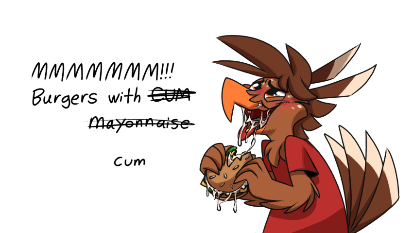2020 ahegao anthro avian beak bird blush bodily_fluids brown_body brown_feathers burger cheek_tuft chest_tuft clothed clothing cum cum_in_mouth cum_inside cum_on_food cum_on_tongue eating english_text facial_tuft feather_hair feather_hands feathers food freckles genital_fluids hi_res looking_pleasured male orange_eyes piemations pretzel_(piemations) pseudo_hair shirt simple_background solo text tongue tongue_out topwear tuft white_background
