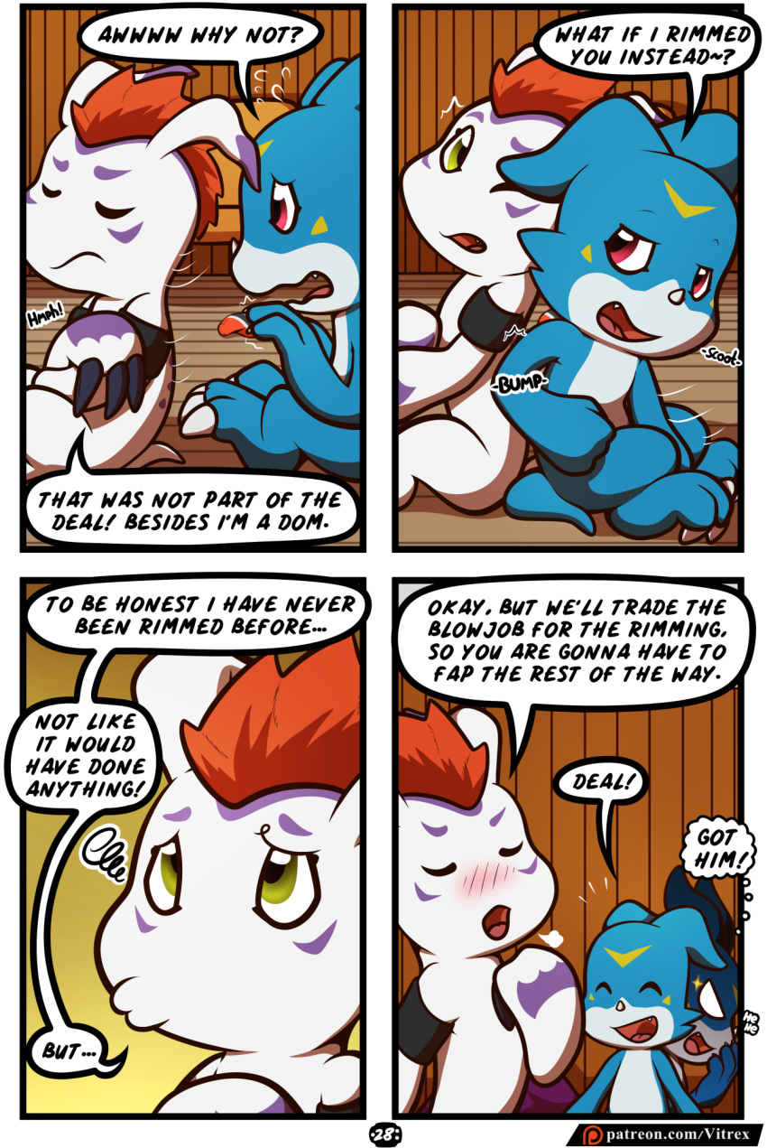 anthro blue_body blush claws comic dialogue digimon digimon_(species) digital_media_(artwork) english_text fangs feral fur gomamon hair hi_res male nude red_eyes text veemon vitrex white_body