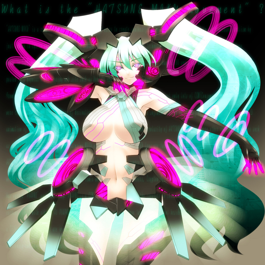 alternate_costume aqua_eyes aqua_hair breasts engrish glowing glowing_eyes hatsune_miku hatsune_miku_(append) highres large_breasts long_hair ranguage solo tro twintails vocaloid vocaloid_append