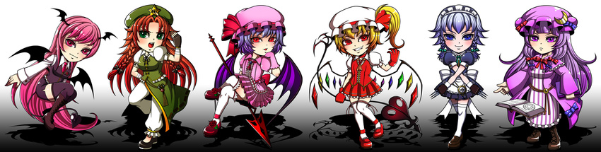 bat_wings blonde_hair blue_eyes blue_hair book braid fingerless_gloves flandre_scarlet gloves green_eyes hat head_wings highres hong_meiling izayoi_sakuya knife koakuma long_hair momoman_(pink_voltage) multiple_girls patchouli_knowledge pink_eyes pink_hair purple_eyes purple_hair red_eyes red_hair remilia_scarlet side_ponytail thighhighs touhou twin_braids wings