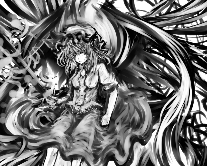 acryl bad_id bad_pixiv_id buttons dress greyscale hat looking_at_viewer mob_cap monochrome puffy_short_sleeves puffy_sleeves remilia_scarlet short_hair short_sleeves solo touhou vampire wings