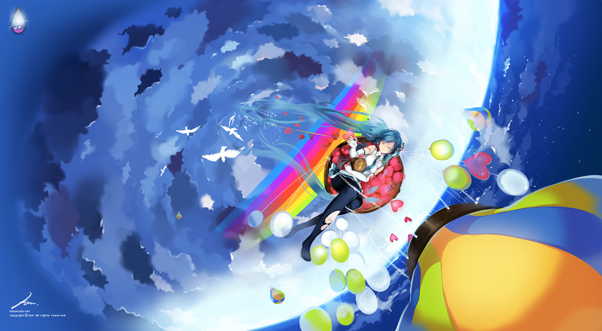 aqua_hair bad_id bad_pixiv_id balloon bird black_legwear closed_eyes cloud elbow_gloves gloves hatsune_miku headphones headset heart highres kaninn long_hair lying necktie on_back pantyhose rainbow skirt sky smile solo surreal torn_clothes torn_legwear twintails very_long_hair vocaloid