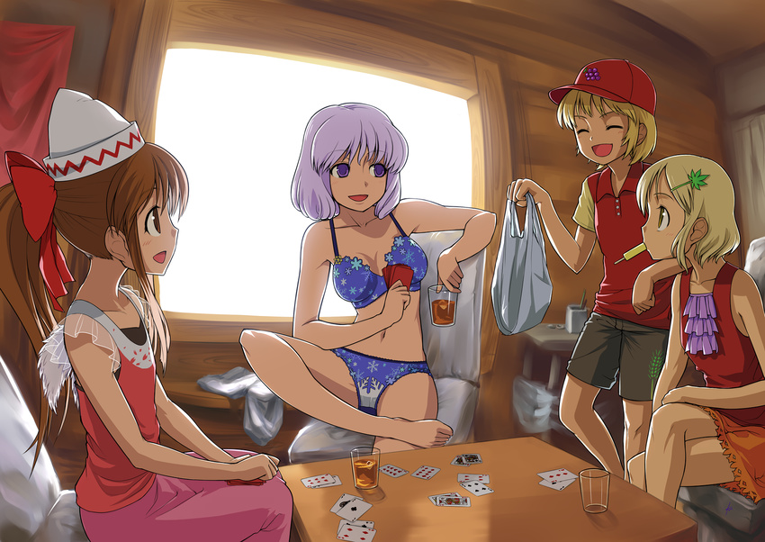 aki_minoriko aki_shizuha alternate_costume alternate_hairstyle androgynous barefoot blonde_hair blue_bra blue_panties bra brown_hair card casual contemporary crossed_legs ebizome feet food hat highres holding holding_card leaf leaf_on_head letty_whiterock lily_white lingerie lying_card multiple_girls navel panties playing_card ponytail popsicle reverse_trap short_hair sitting tomboy touhou underwear underwear_only wings
