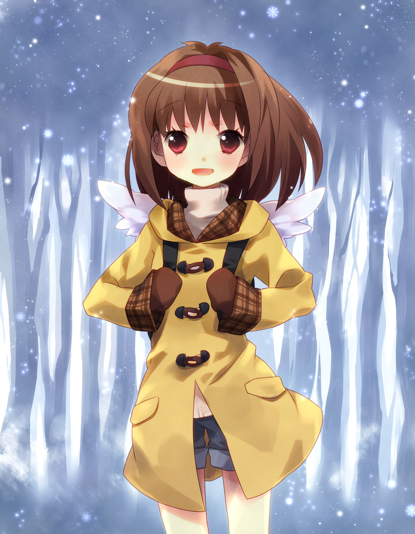 backpack bad_id bad_pixiv_id bag brown_hair coat denim denim_shorts ech hairband highres kanon mittens short_hair shorts snow solo thigh_gap tsukimiya_ayu wings