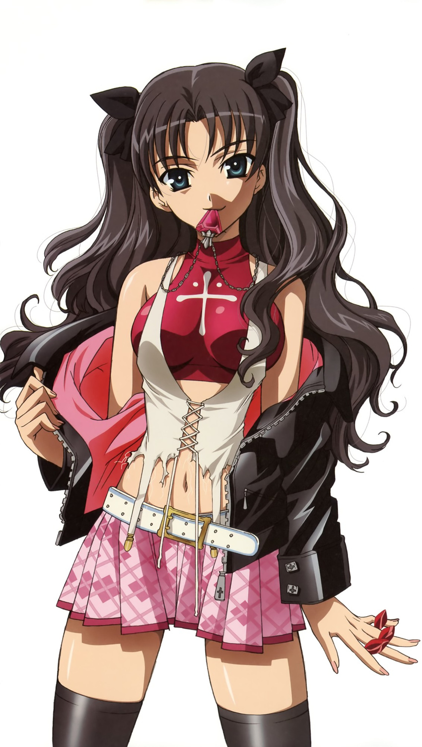 bare_shoulders belt blue_eyes brown_hair crop_top fate/stay_night fate_(series) gem hair_ribbon head_tilt highres jacket jewelry long_hair midriff mouth_hold navel necklace nishida_asako non-web_source ribbon skirt sleeveless sleeveless_turtleneck smile solo thighhighs toosaka_rin torn_clothes turtleneck two_side_up zettai_ryouiki