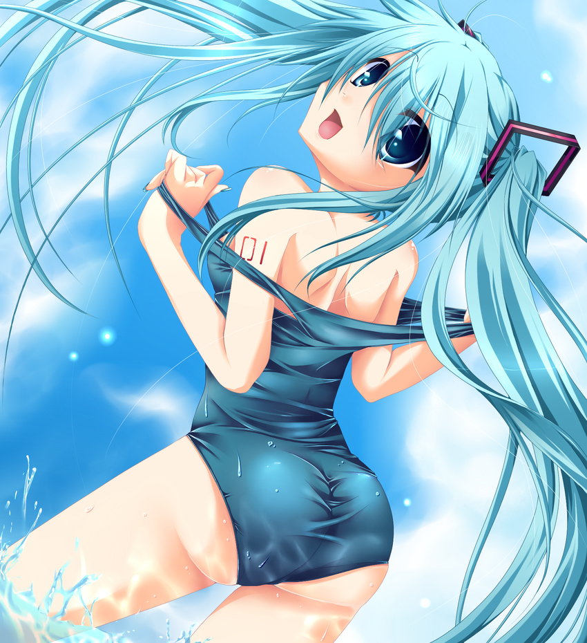 aqua_eyes aqua_hair ass bare_shoulders beach day from_behind hatsune_miku highres long_hair looking_back one-piece_swimsuit sayo_wini school_swimsuit smile solo swimsuit twintails very_long_hair vocaloid