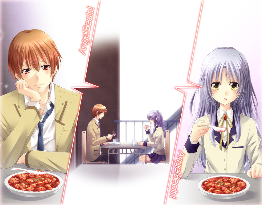 angel_beats! blush food gray_hair long_hair orange_eyes orange_hair otonashi_yuzuru short_hair tachibana_kaede yellow_eyes