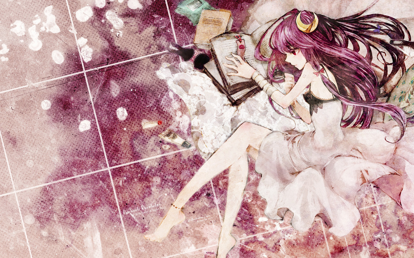 barefoot book crescent crescent_hair_ornament dress duca hair_ornament highres legs long_hair lying patchouli_knowledge solo touhou wallpaper