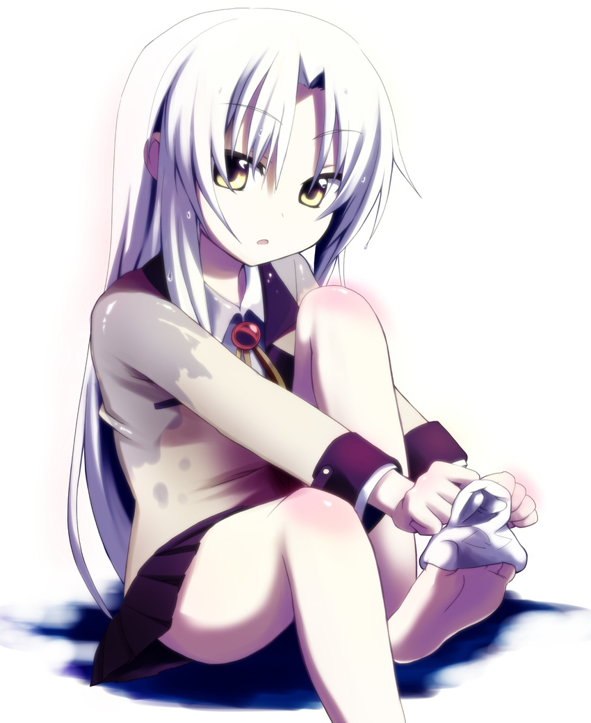 angel_beats! atahuta barefoot blazer feet highres jacket long_hair looking_at_viewer open_mouth pleated_skirt ribbon school_uniform silver_hair sitting skirt sock_pull socks solo tenshi_(angel_beats!) undressing wet wet_clothes white_background yellow_eyes