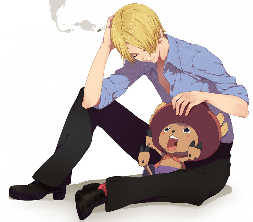 antlers blonde_hair cigarette hat highres male_focus nayu one_piece sanji simple_background tony_tony_chopper